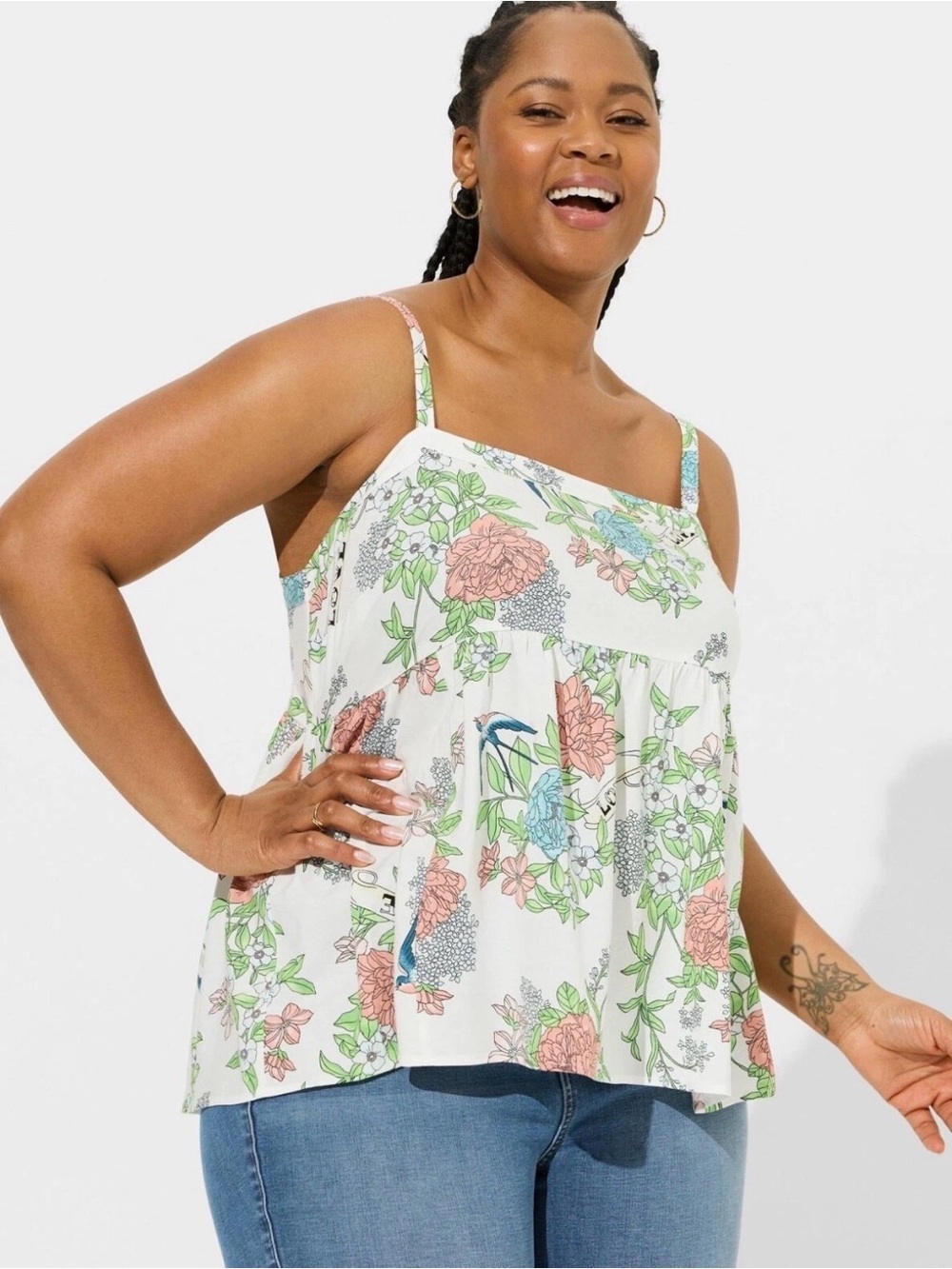 Torrid Babydoll Challis Square Neck Tank Floral Cloud Dancer Size 0 NWT